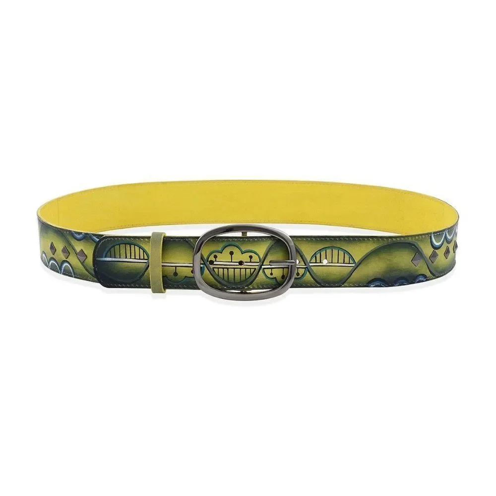 SUKRITI Hand Painted Green Swirl Studded Yellow L